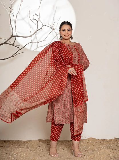 Maroon Embroidered Cotton Plus Size Kurta Dupatta Set