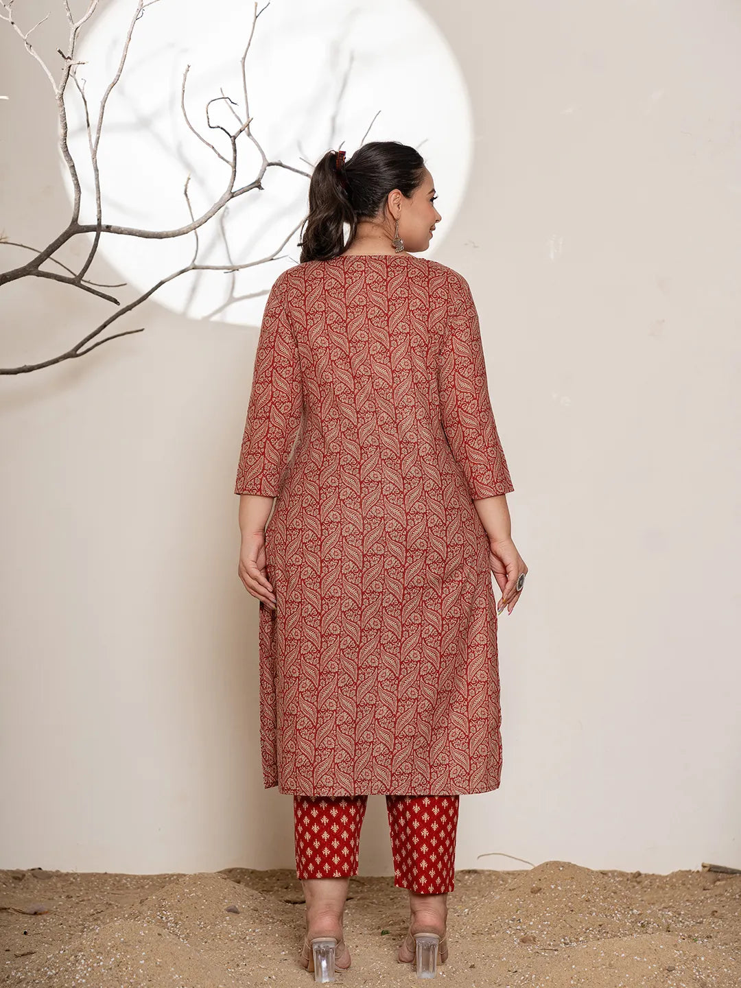 Maroon Embroidered Cotton Plus Size Kurta Dupatta Set