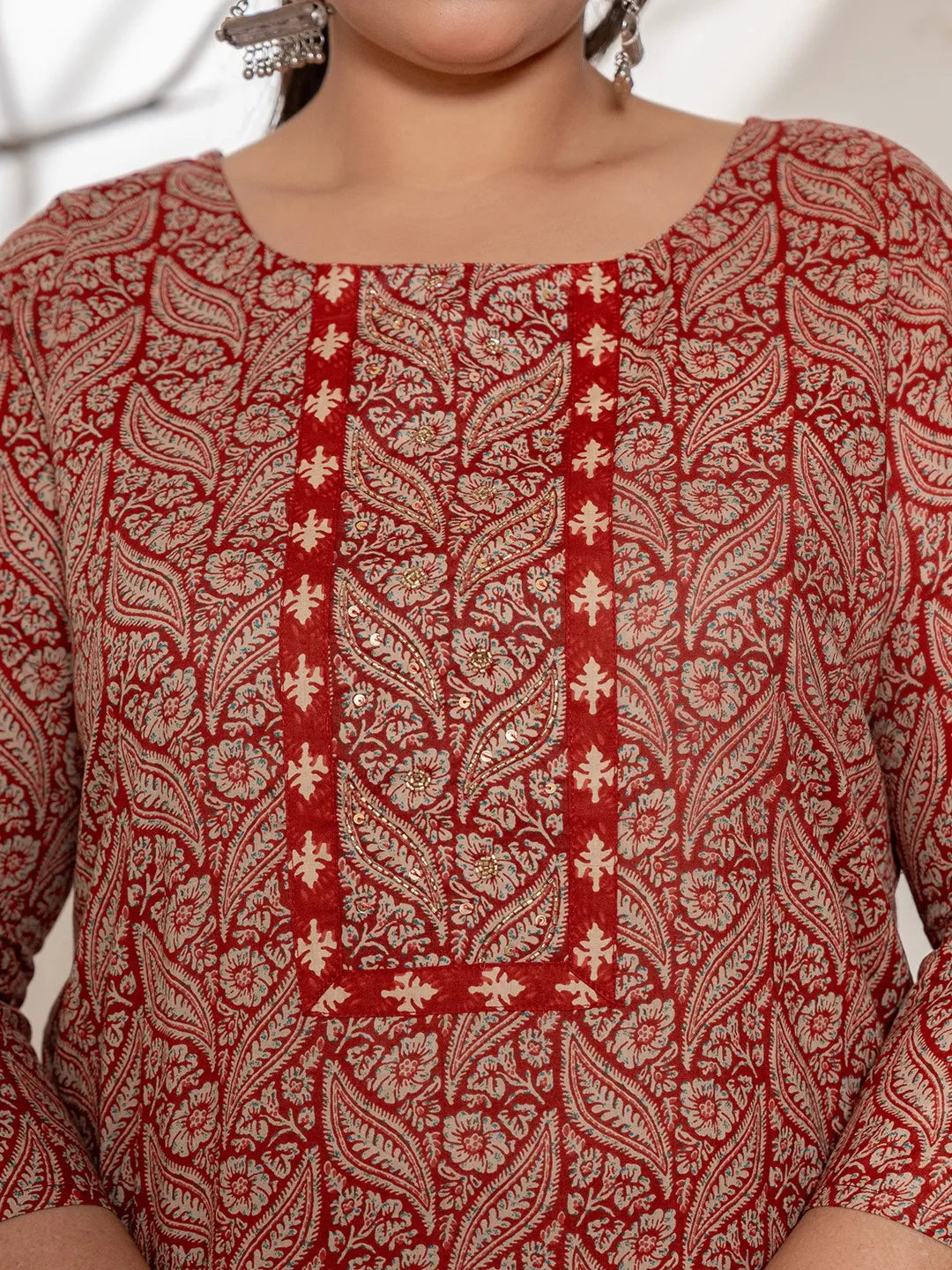 Maroon Embroidered Cotton Plus Size Kurta Dupatta Set