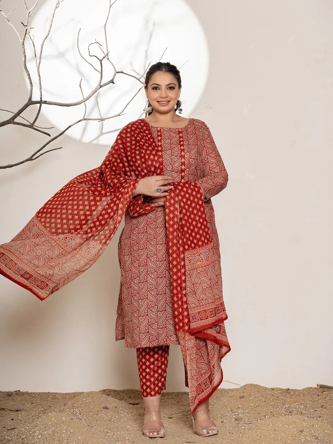 Maroon Embroidered Cotton Plus Size Kurta Dupatta Set