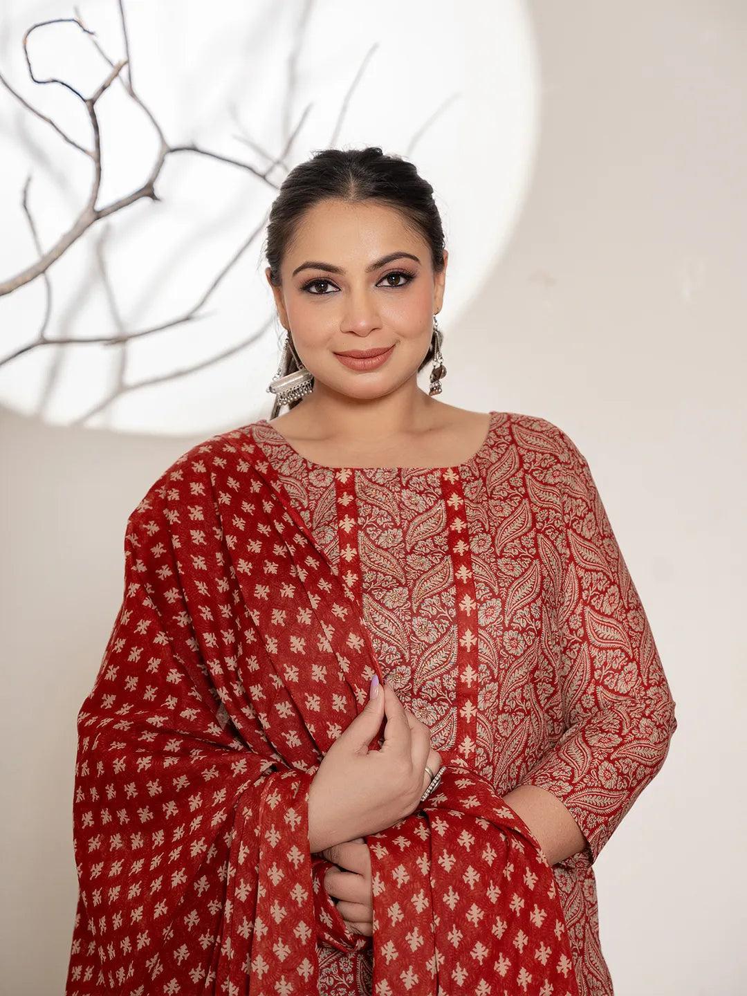 Maroon Embroidered Cotton Plus Size Kurta Dupatta Set