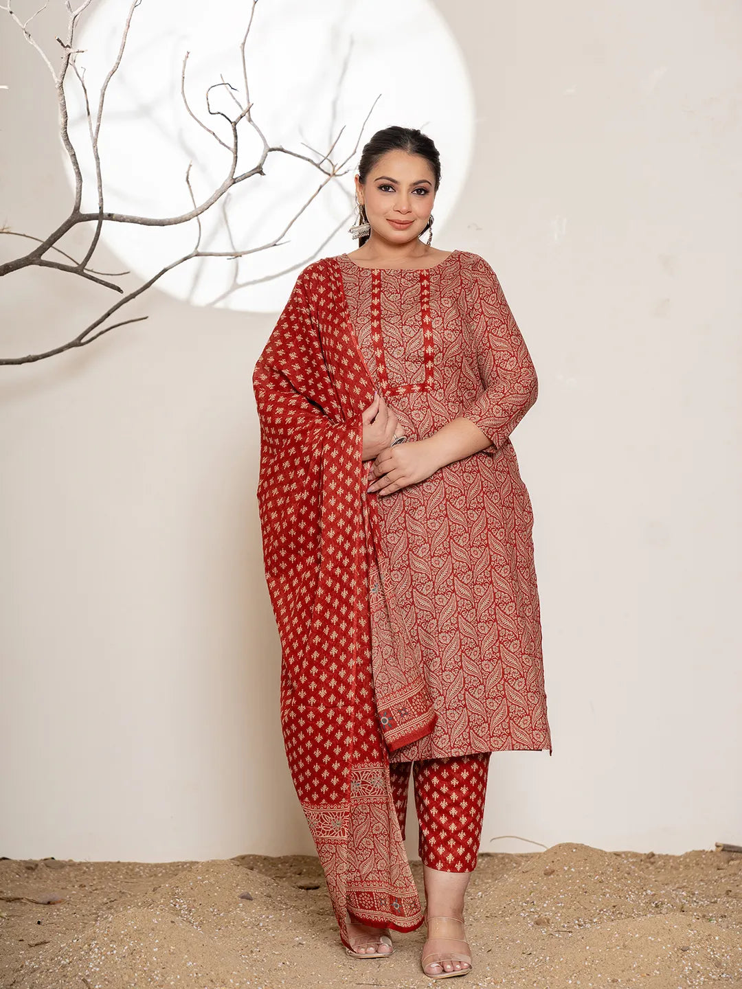 Maroon Embroidered Cotton Plus Size Kurta Dupatta Set