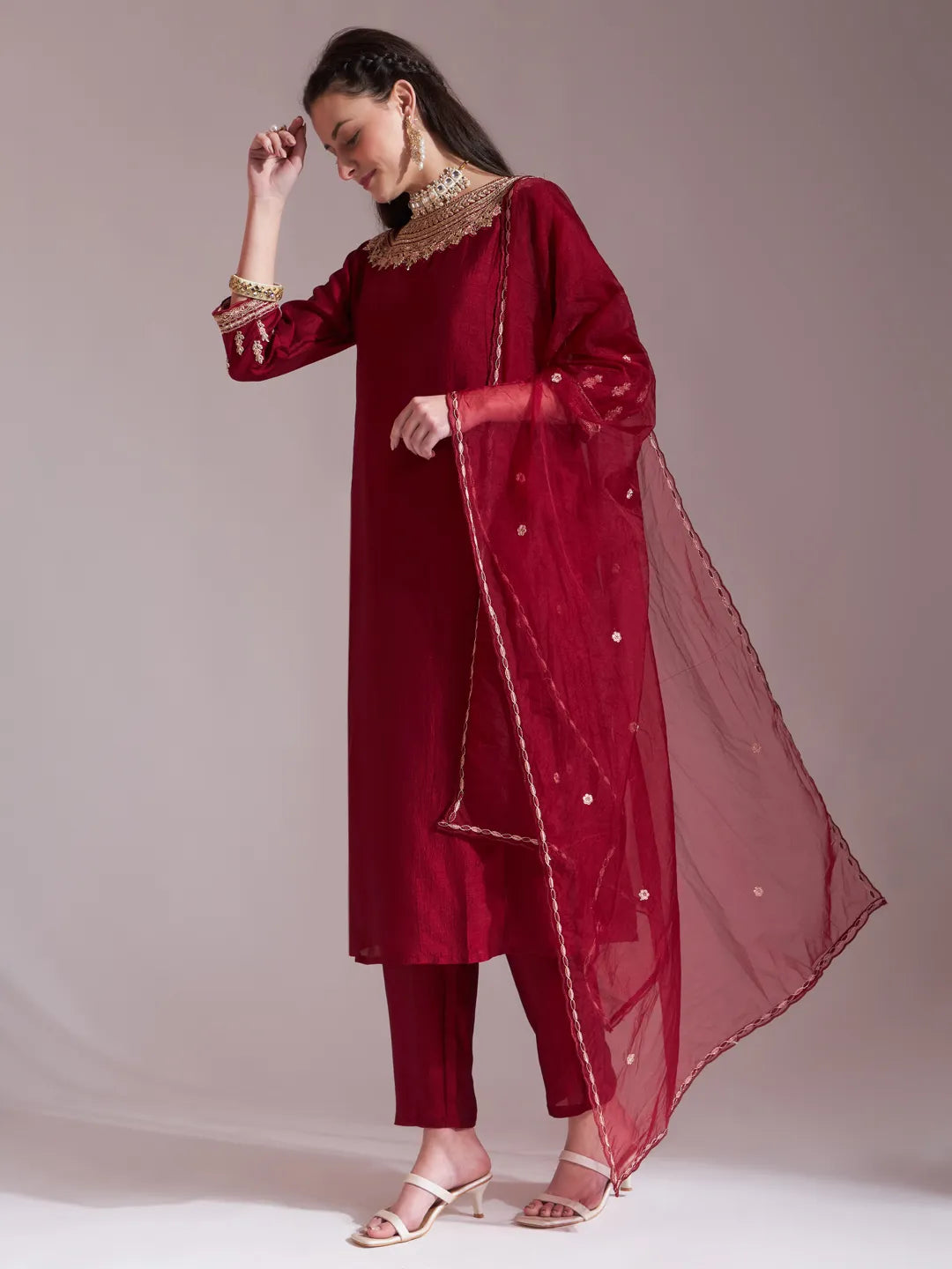 Maroon Embroidered Kurta With Pant And Dupatta Comes With Cotton Lining