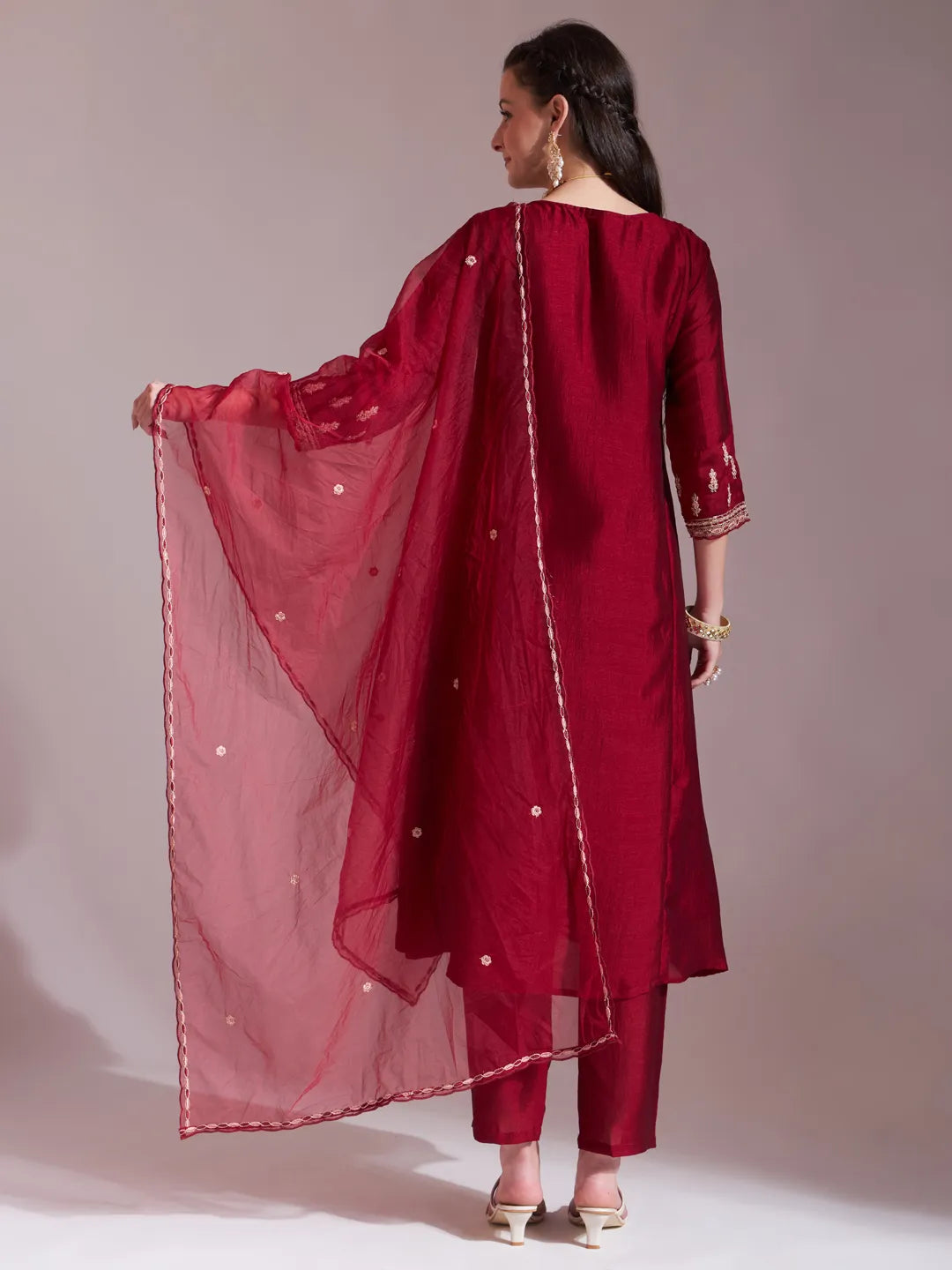 Maroon Embroidered Kurta With Pant And Dupatta Comes With Cotton Lining