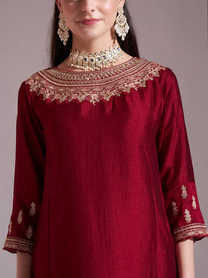 Maroon Embroidered Kurta With Pant And Dupatta Comes With Cotton Lining