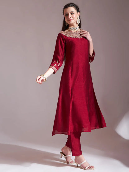 Maroon Embroidered Kurta With Pant And Dupatta Comes With Cotton Lining