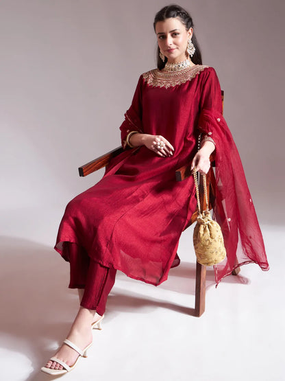 Maroon Embroidered Kurta With Pant And Dupatta Comes With Cotton Lining