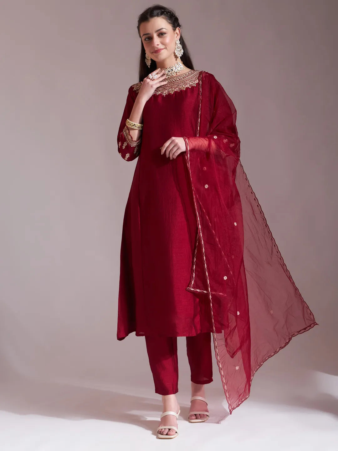 Maroon Embroidered Kurta With Pant And Dupatta Comes With Cotton Lining