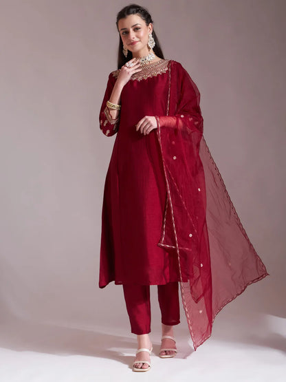 Maroon Embroidered Kurta With Pant And Dupatta Comes With Cotton Lining