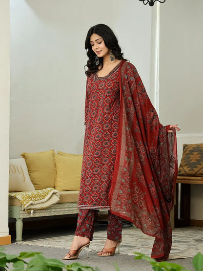 Maroon Ethnic Motifs A-Line Kurta Trouser Dupatta Set With Bucket Neck