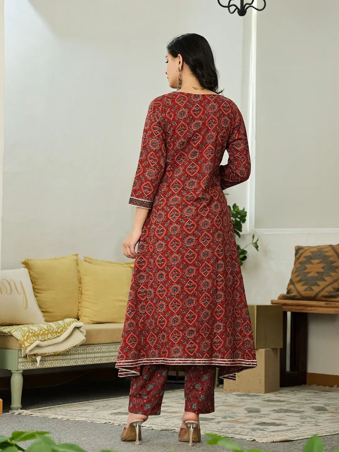 Maroon Ethnic Motifs A-Line Kurta Trouser Dupatta Set With Bucket Neck