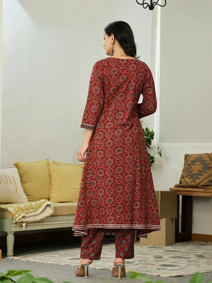 Maroon Ethnic Motifs A-Line Kurta Trouser Dupatta Set With Bucket Neck