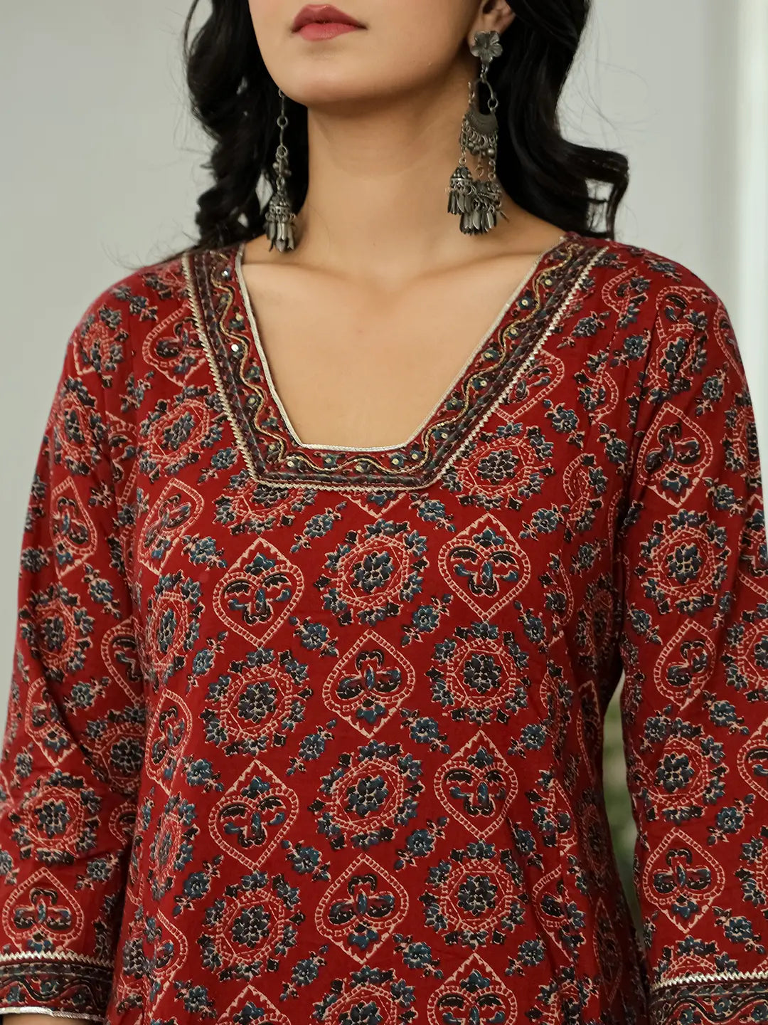 Maroon Ethnic Motifs A-Line Kurta Trouser Dupatta Set With Bucket Neck
