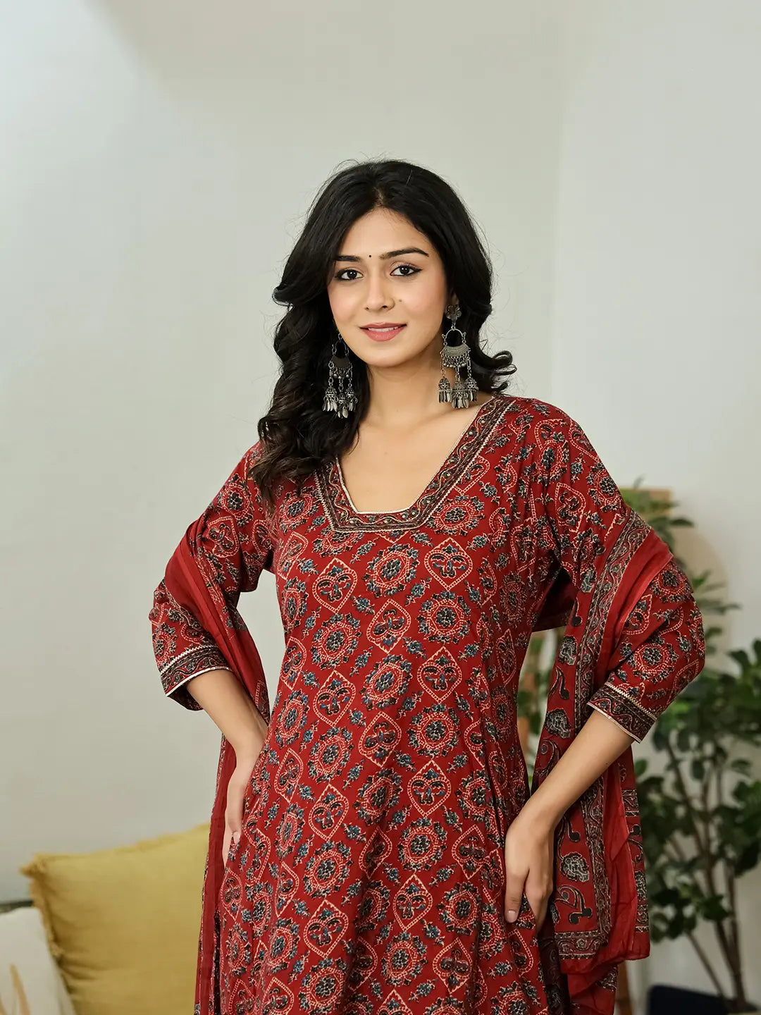 Maroon Ethnic Motifs A-Line Kurta Trouser Dupatta Set With Bucket Neck