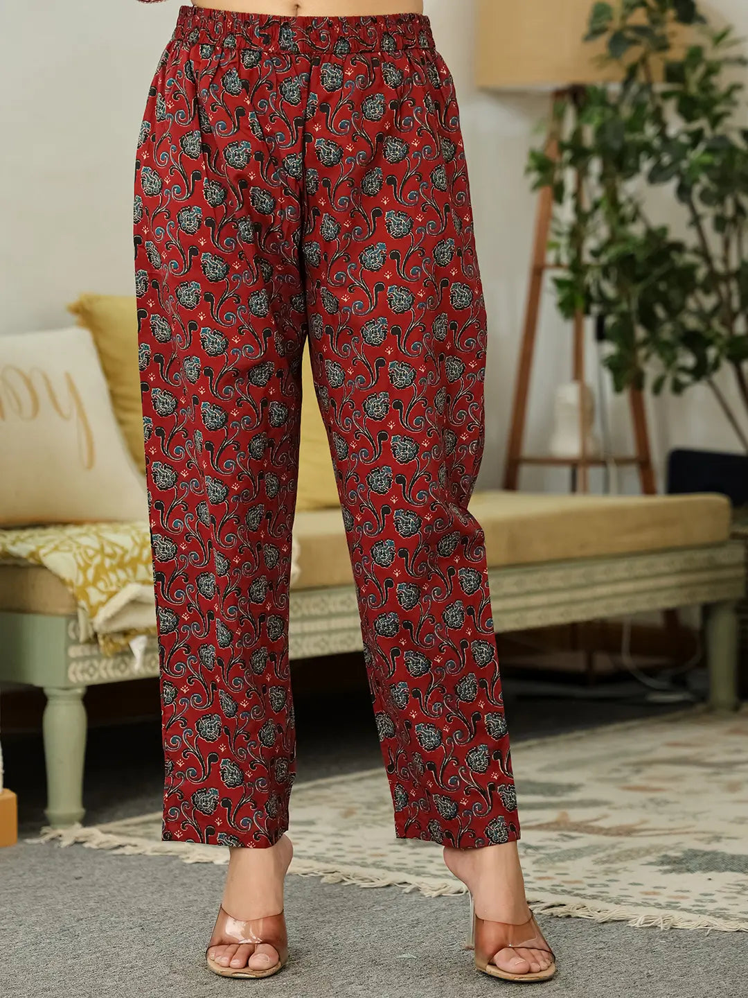 Maroon Ethnic Motifs A-Line Kurta Trouser Dupatta Set With Bucket Neck