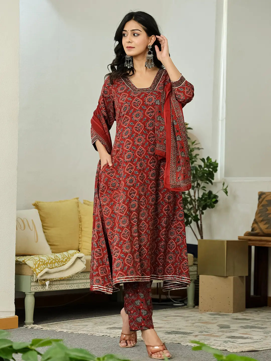 Maroon Ethnic Motifs A-Line Kurta Trouser Dupatta Set With Bucket Neck