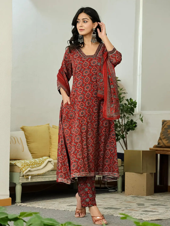 Maroon Ethnic Motifs A-Line Kurta Trouser Dupatta Set With Bucket Neck