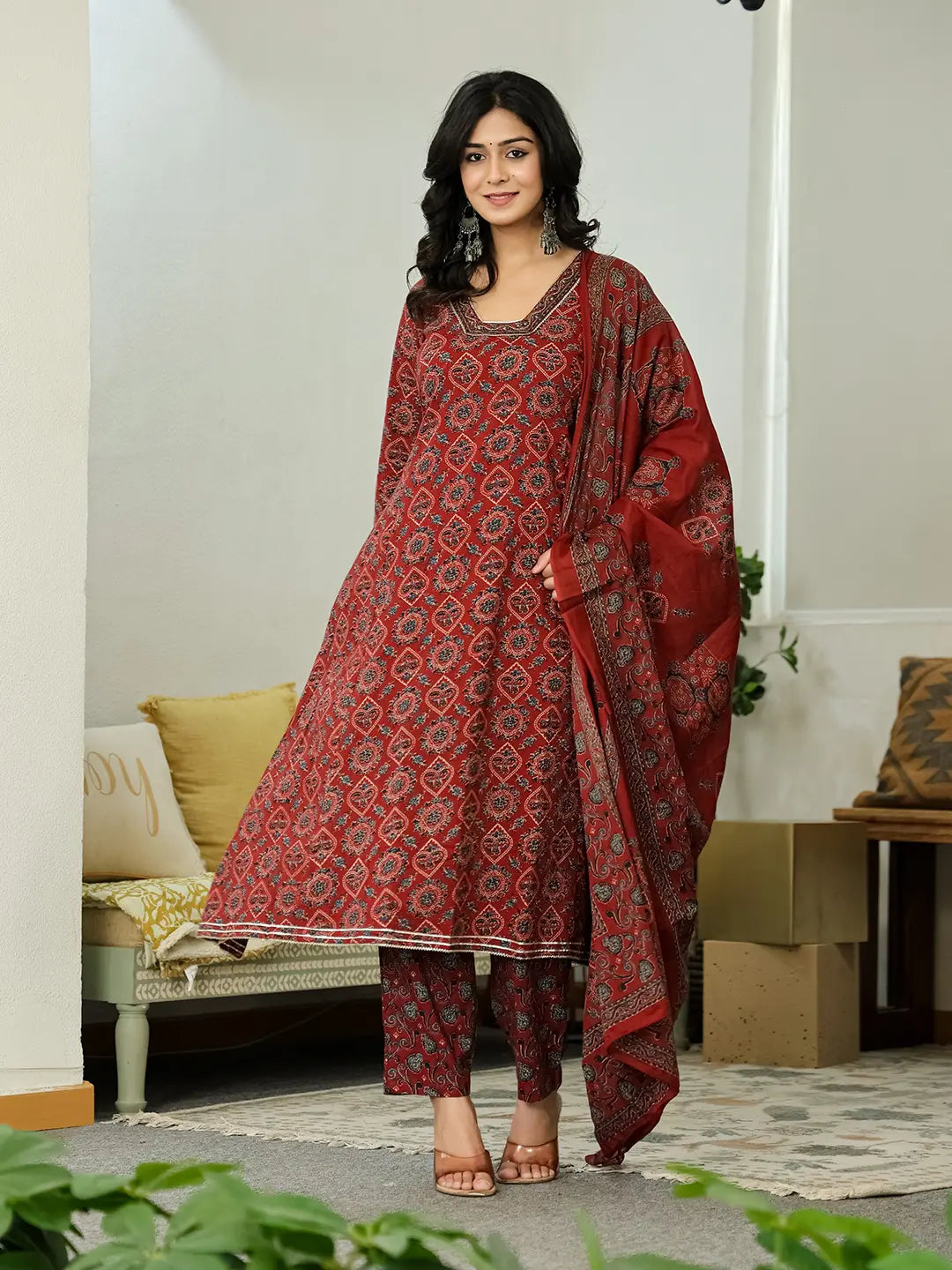 Maroon Ethnic Motifs A-Line Kurta Trouser Dupatta Set With Bucket Neck