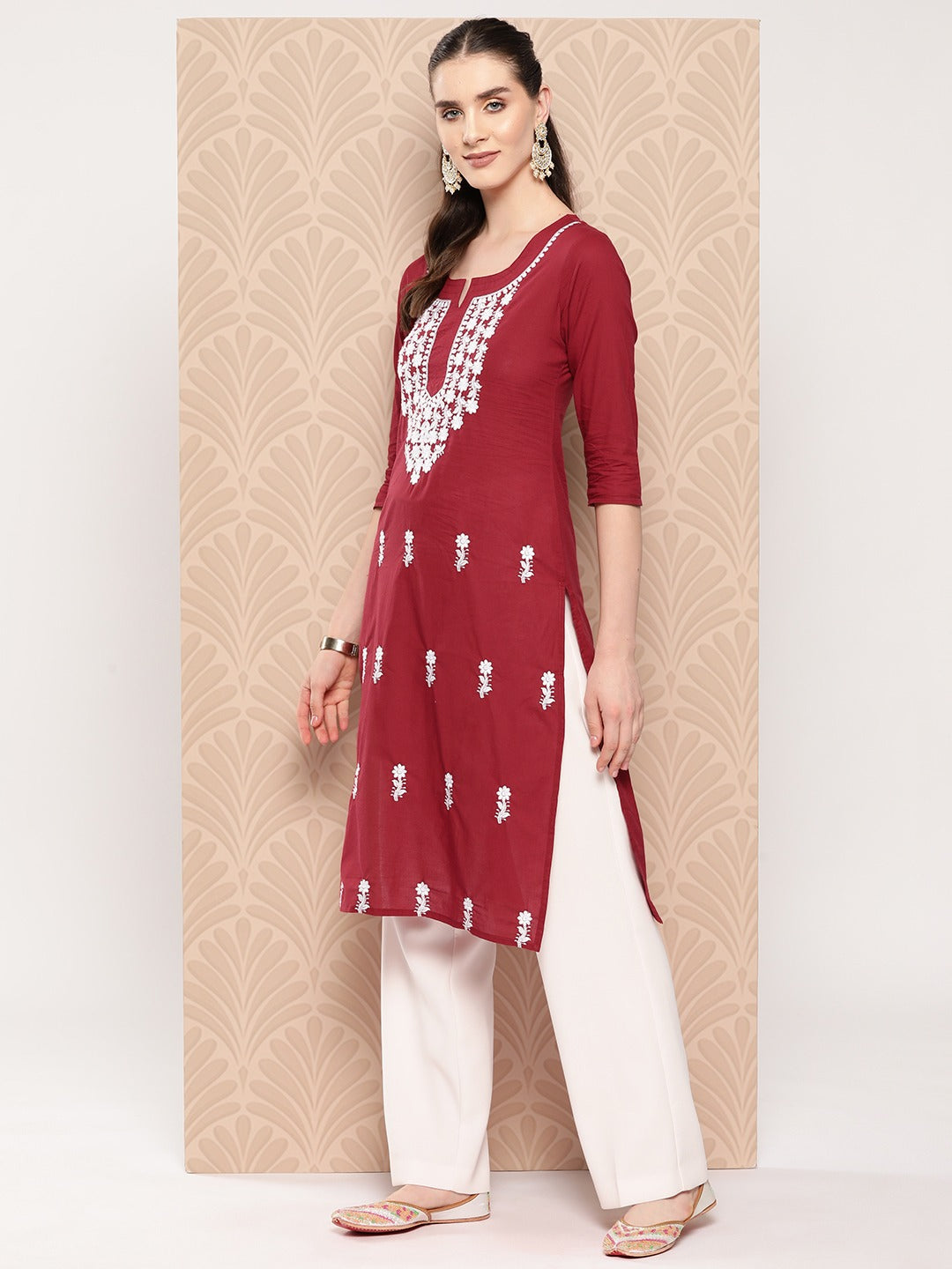 Maroon Floral Embroidered Pure Cotton Kurta