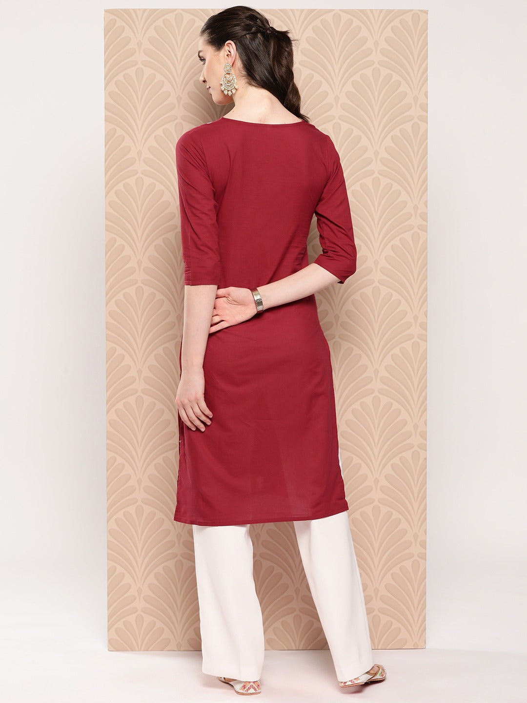 Maroon Floral Embroidered Pure Cotton Kurta
