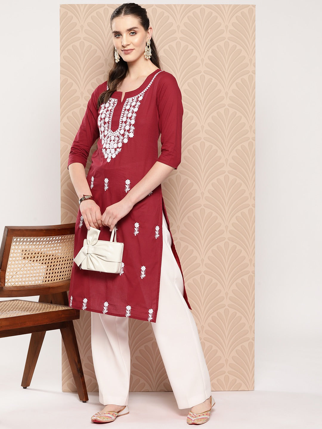 Maroon Floral Embroidered Pure Cotton Kurta
