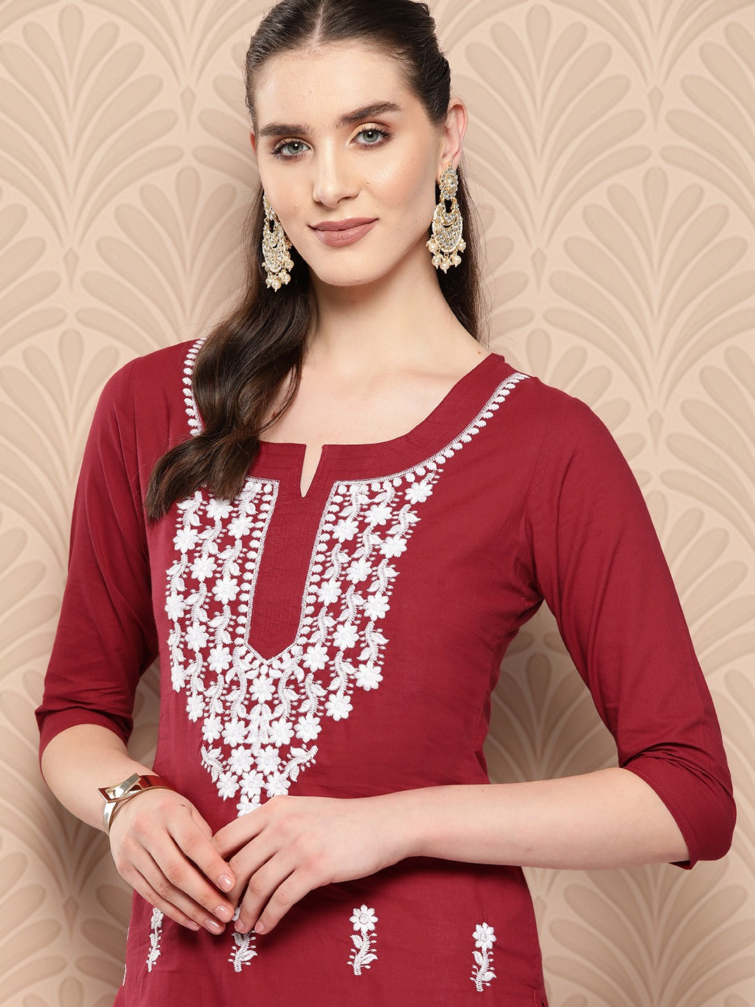 Maroon Floral Embroidered Pure Cotton Kurta