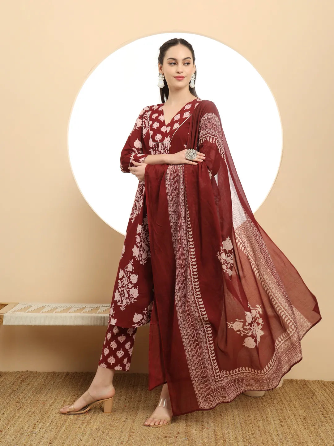 Maroon Floral Print A-Line Kurta Trouser Dupatta Set
