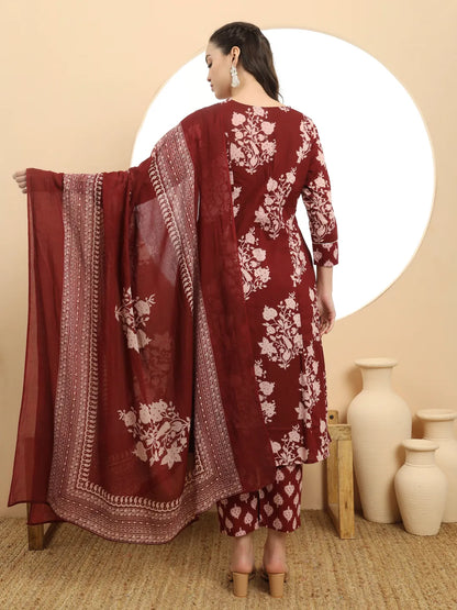 Maroon Floral Print A-Line Kurta Trouser Dupatta Set