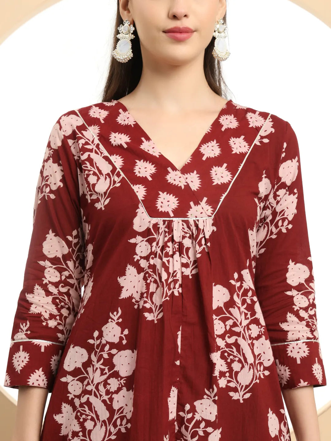 Maroon Floral Print A-Line Kurta Trouser Dupatta Set