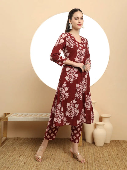Maroon Floral Print A-Line Kurta Trouser Dupatta Set