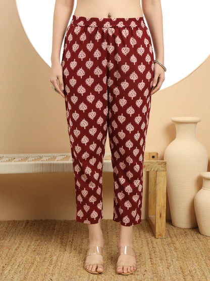 Maroon Floral Print A-Line Kurta Trouser Dupatta Set