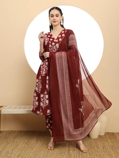 Maroon Floral Print A-Line Kurta Trouser Dupatta Set