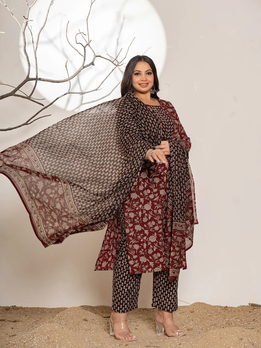 Maroon Floral Print Cotton Plus Size Kurta Dupatta Set