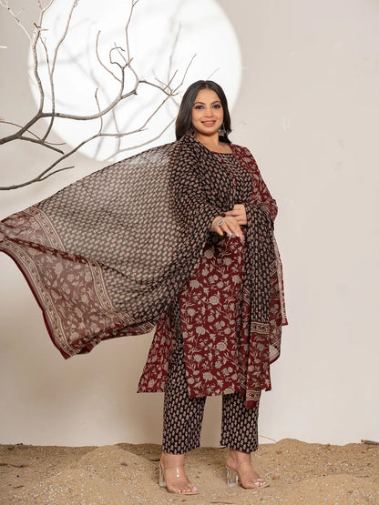 Maroon Floral Print Cotton Plus Size Kurta Dupatta Set