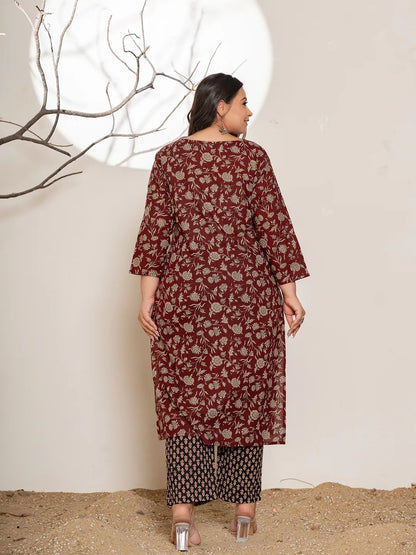 Maroon Floral Print Cotton Plus Size Kurta Dupatta Set