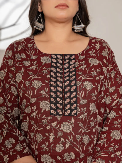 Maroon Floral Print Cotton Plus Size Kurta Dupatta Set
