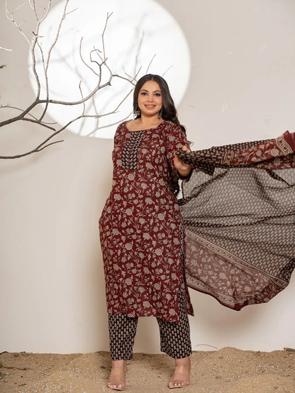 Maroon Floral Print Cotton Plus Size Kurta Dupatta Set