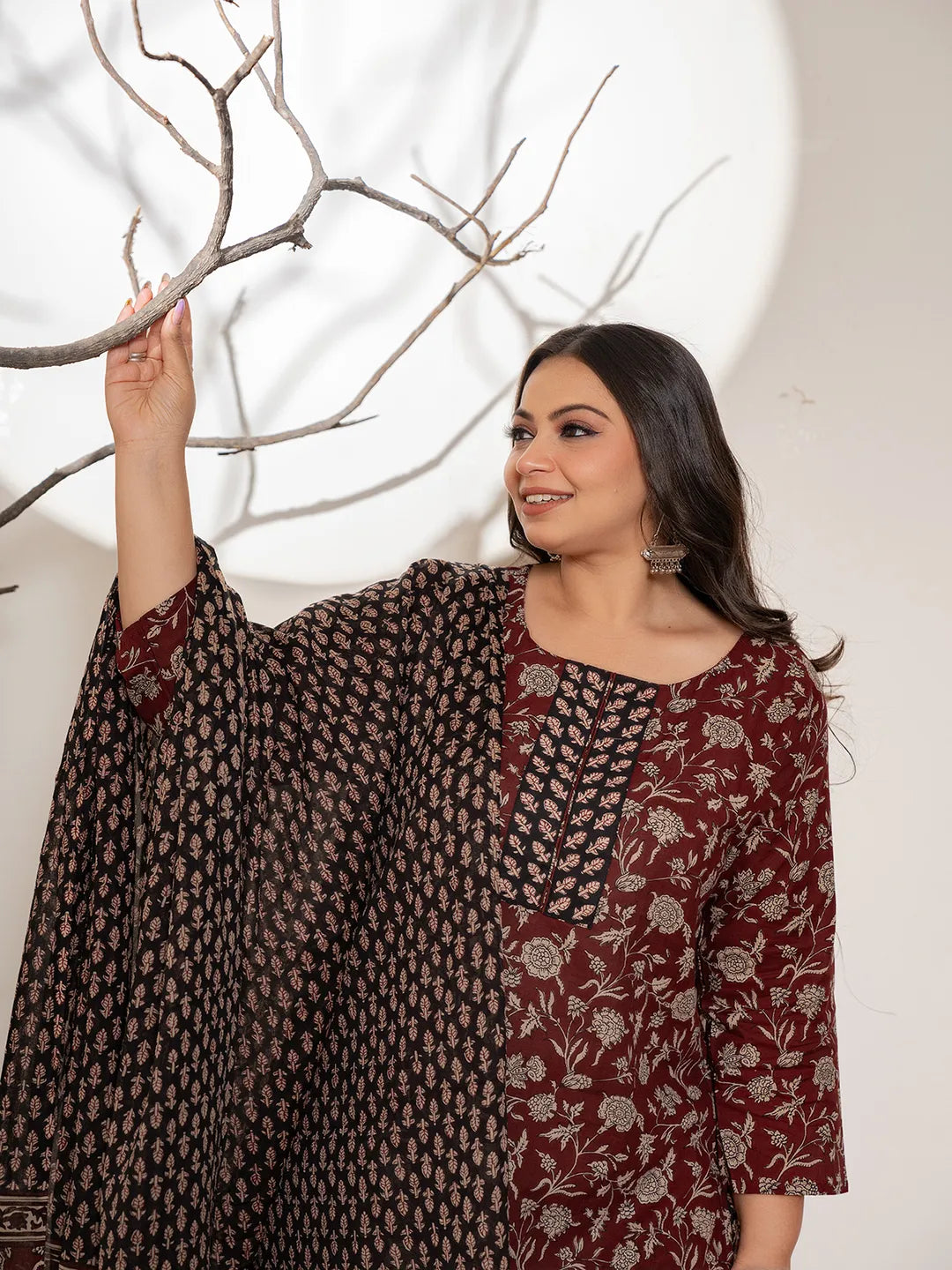 Maroon Floral Print Cotton Plus Size Kurta Dupatta Set