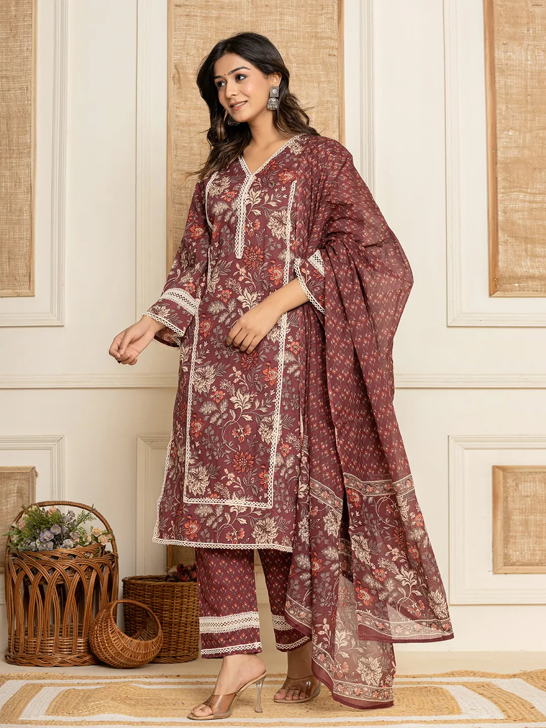 Maroon Floral Print Cotton Straight Style Kurta And Trouser With Dupatta