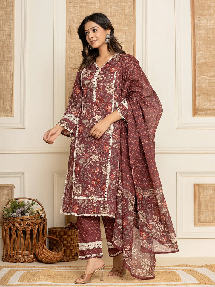 Maroon Floral Print Cotton Straight Style Kurta And Trouser With Dupatta
