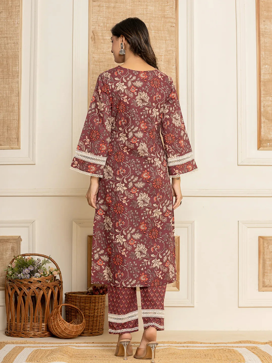 Maroon Floral Print Cotton Straight Style Kurta And Trouser With Dupatta