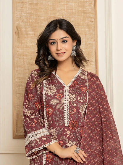 Maroon Floral Print Cotton Straight Style Kurta And Trouser With Dupatta