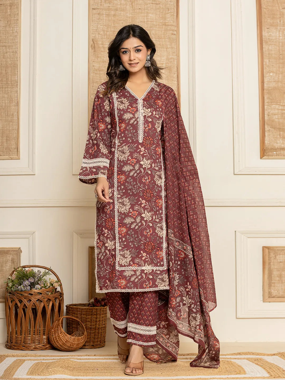 Maroon Floral Print Cotton Straight Style Kurta And Trouser With Dupatta