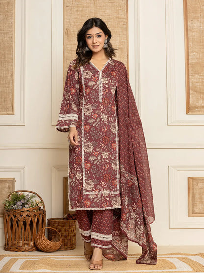 Maroon Floral Print Cotton Straight Style Kurta And Trouser With Dupatta
