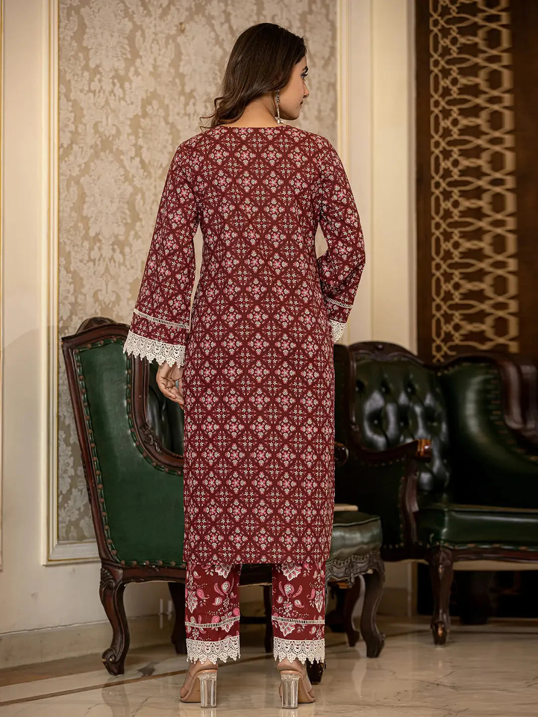 Maroon Floral Print Pakistani Style Kurta Trouser And Dupatta Set