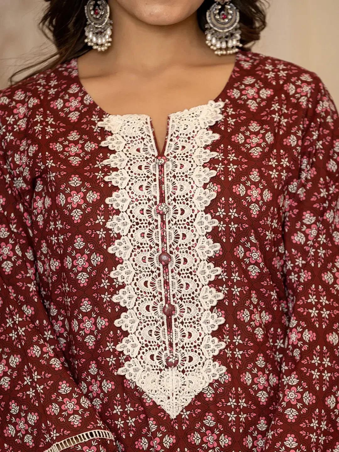 Maroon Floral Print Pakistani Style Kurta Trouser And Dupatta Set