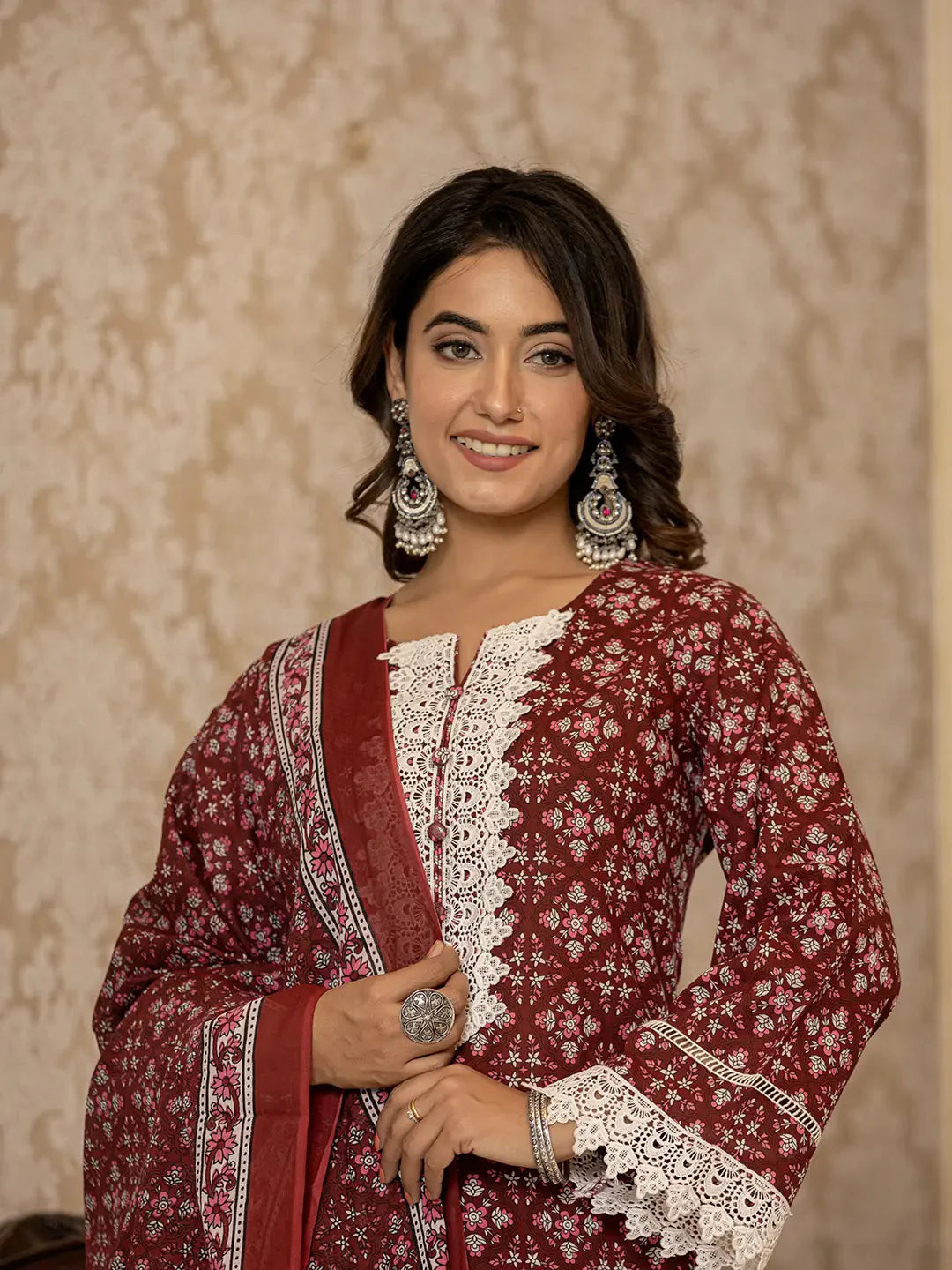 Maroon Floral Print Pakistani Style Kurta Trouser And Dupatta Set