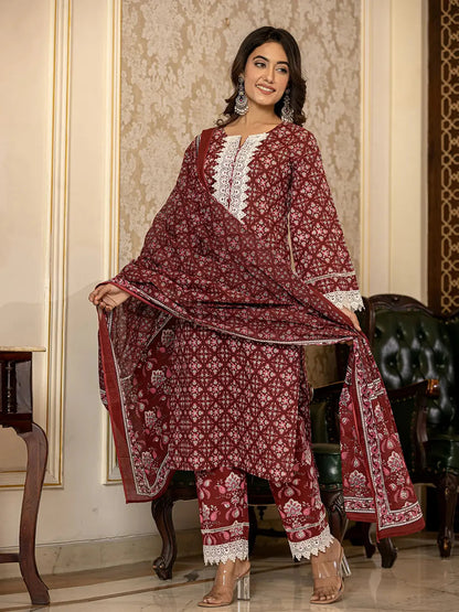 Maroon Floral Print Pakistani Style Kurta Trouser And Dupatta Set