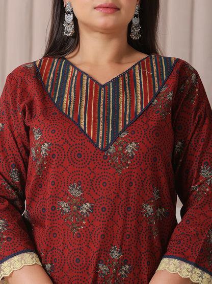 Maroon Floral Print Patch & Lace Work Plus Size Kurta Set With Pant & Dupatta