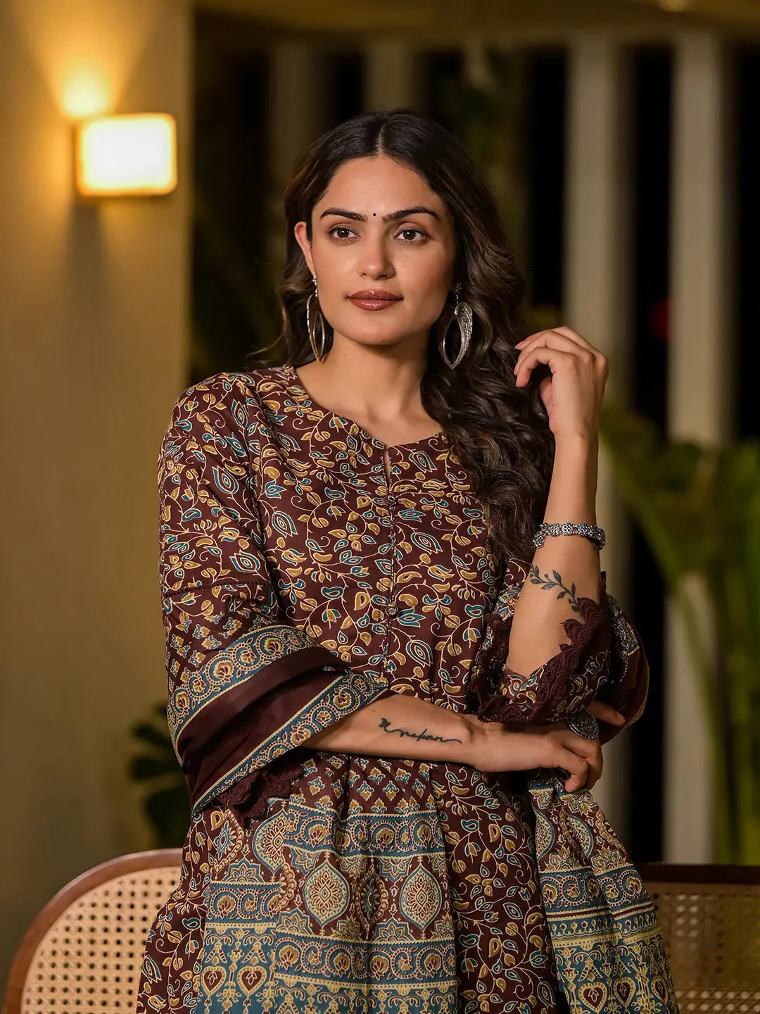 Maroon Floral Print Piping On Yoke Pakistani Style Kurta With Trousers And Dupatta Set